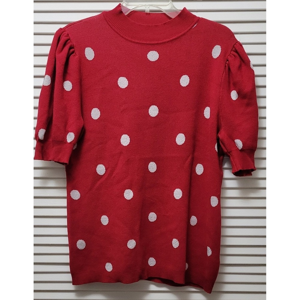 Womans XL Red Polka Dot Elbow Sleeve Mock Neck Sweater casual dressy feminine